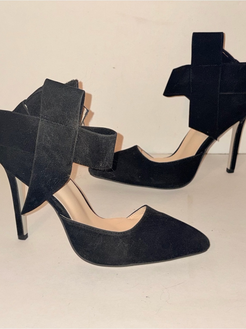 Black Velvet Like Pointed Toe Bow Ankle Strap Sexy D'Orsay Stiletto Heels